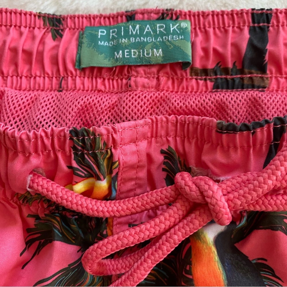 Pink tucan print mini workout shorts / swim trunks. Best fits Small. - Picture 6 of 10